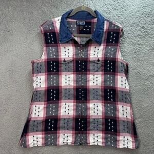 Vintage Shaver Lake Women's XL Zip Up Sleeveless Top Vest Stars and Stripes USA‎
